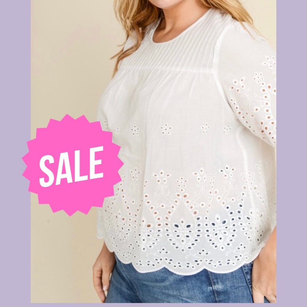 Plus Size Gilli White Embroidered Eyelet 3/4 Sleeve Blouse Top